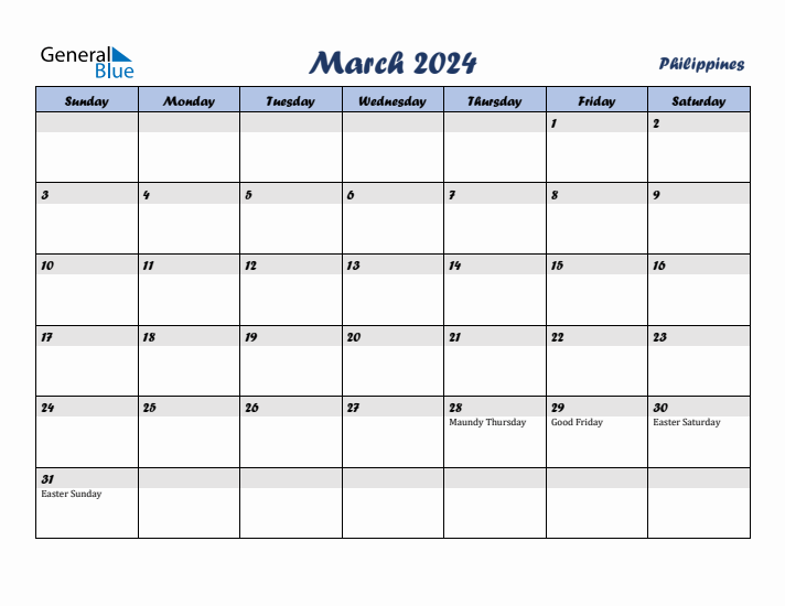 March 2024 Calendar with Holidays in Philippines