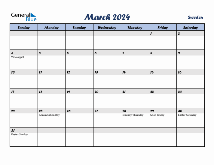 March 2024 Calendar with Holidays in Sweden