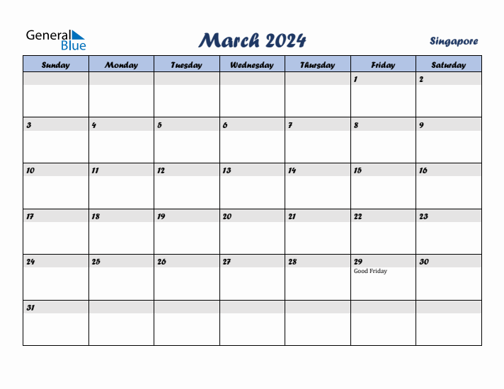 March 2024 Calendar with Holidays in Singapore