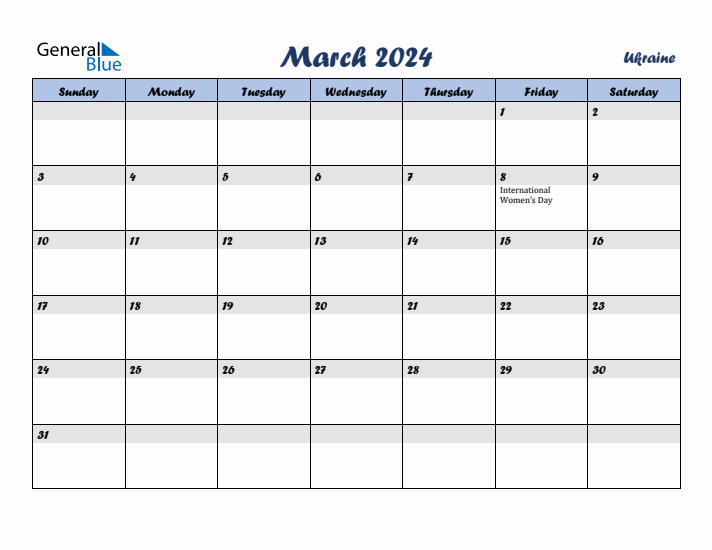 March 2024 Calendar with Holidays in Ukraine