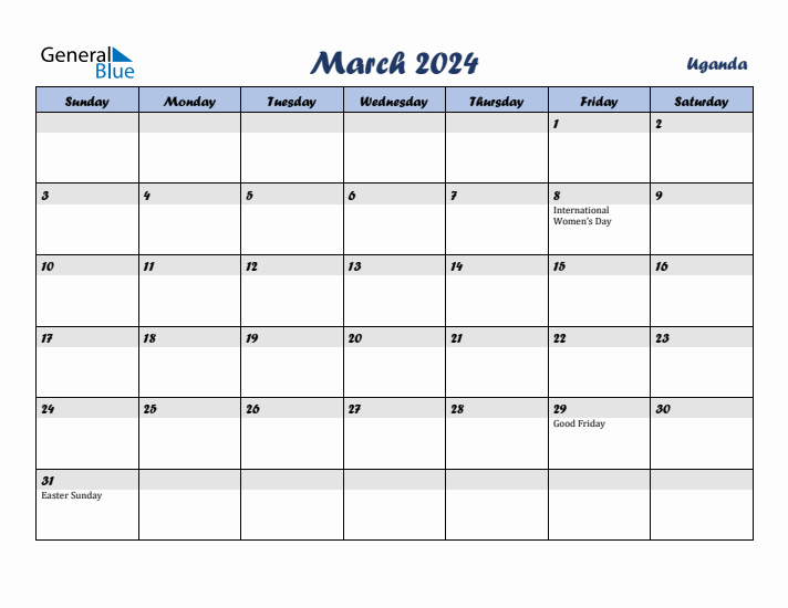 March 2024 Calendar with Holidays in Uganda