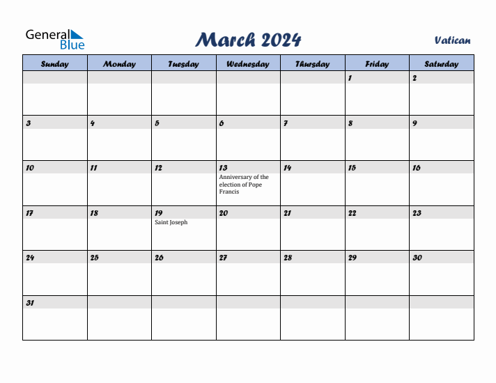 March 2024 Calendar with Holidays in Vatican