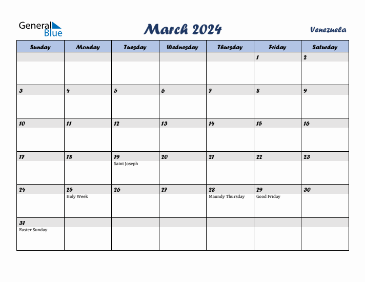 March 2024 Calendar with Holidays in Venezuela