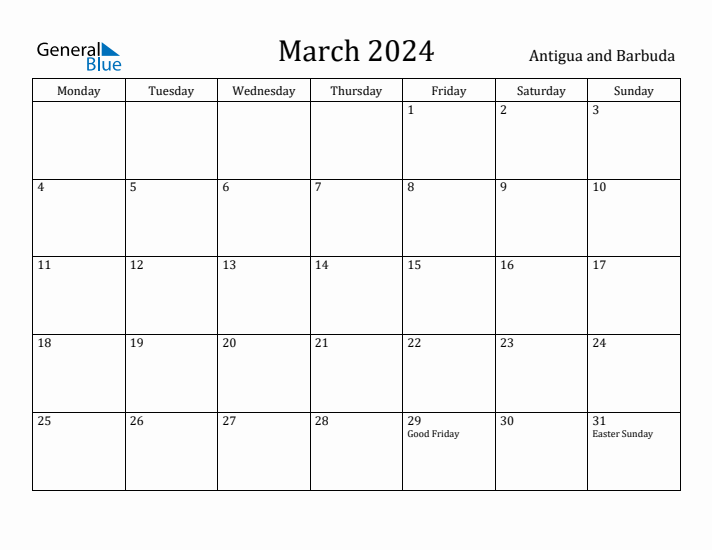 March 2024 Calendar Antigua and Barbuda