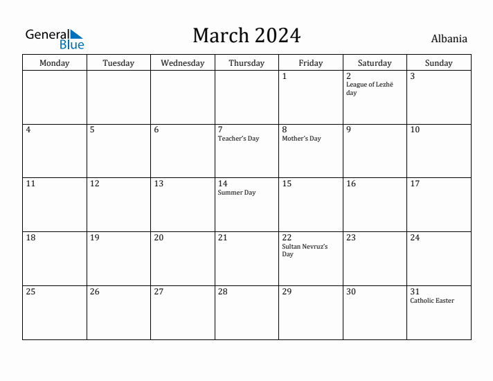 March 2024 Calendar Albania