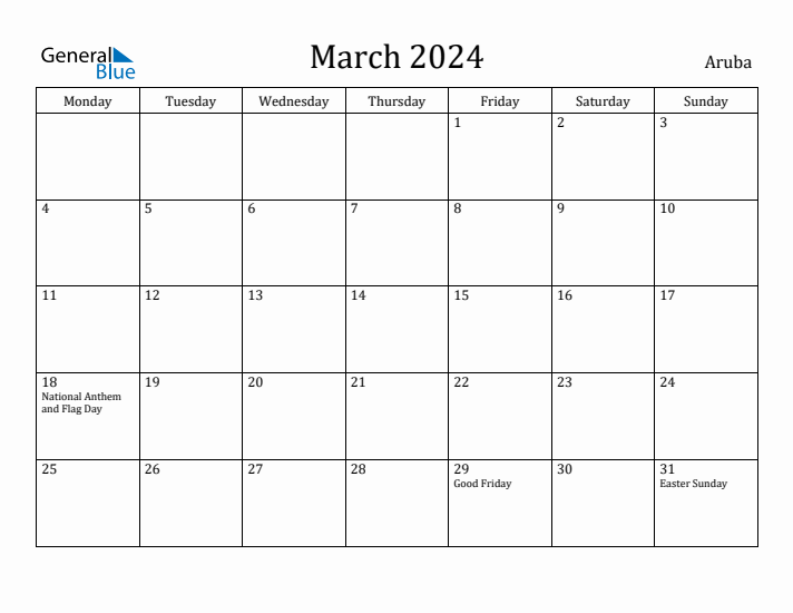 March 2024 Calendar Aruba