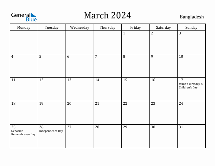 March 2024 Calendar Bangladesh