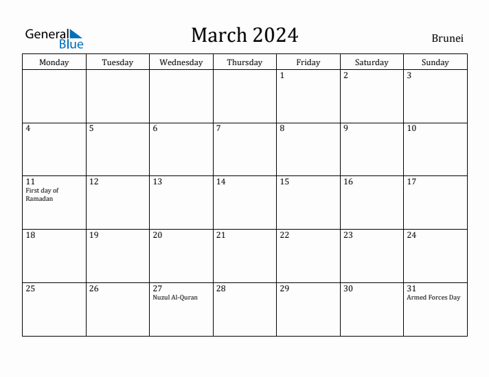 March 2024 Calendar Brunei