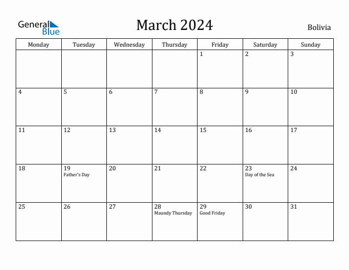 March 2024 Calendar Bolivia