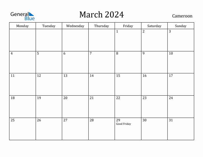 March 2024 Calendar Cameroon