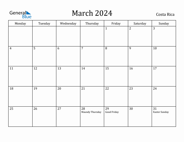 March 2024 Calendar Costa Rica