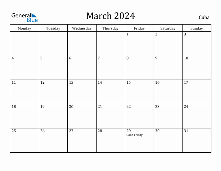 March 2024 Calendar Cuba