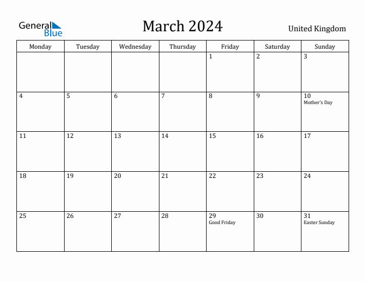 March 2024 Calendar United Kingdom