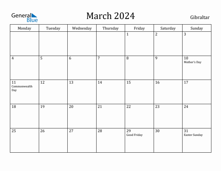 March 2024 Calendar Gibraltar