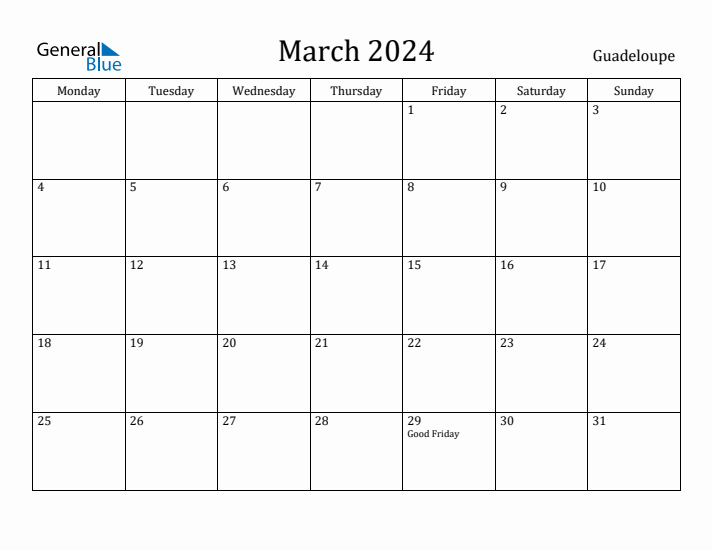 March 2024 Calendar Guadeloupe