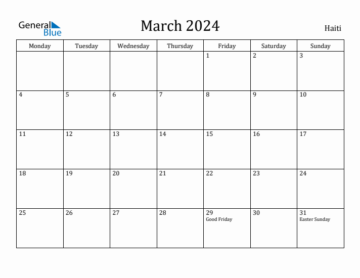 March 2024 Calendar Haiti