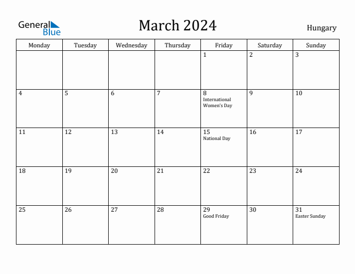 March 2024 Calendar Hungary