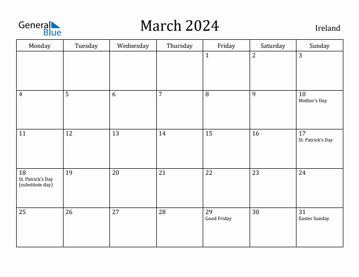 March 2024 Calendar Ireland