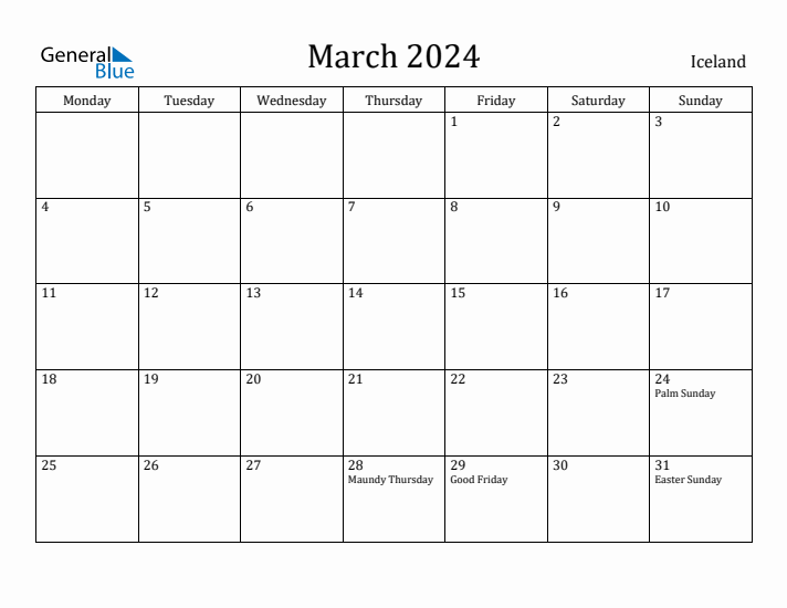 March 2024 Calendar Iceland