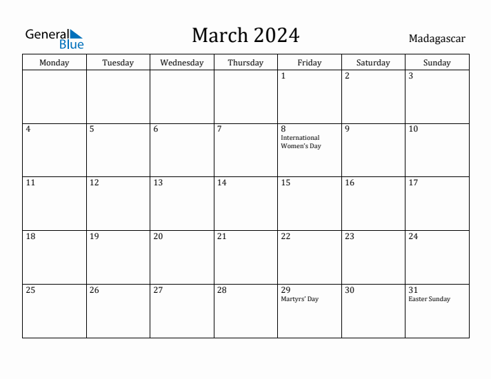 March 2024 Calendar Madagascar