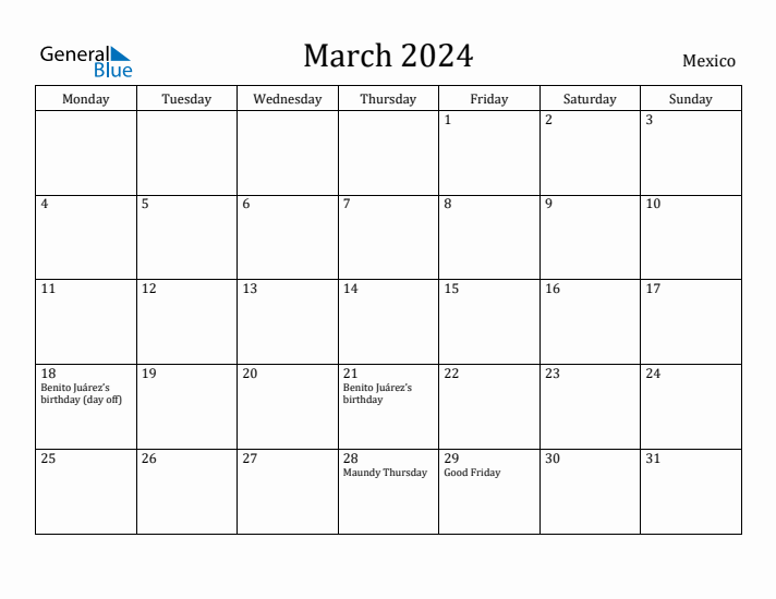 March 2024 Calendar Mexico