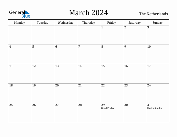 March 2024 Calendar The Netherlands