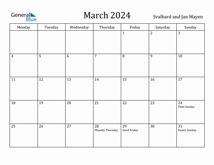 March 2024 Calendar Svalbard and Jan Mayen