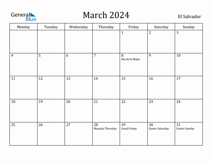 March 2024 Calendar El Salvador