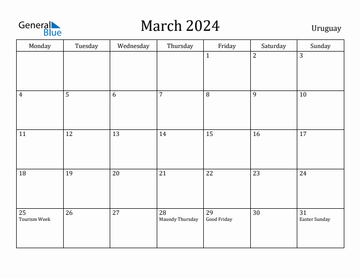 March 2024 Calendar Uruguay