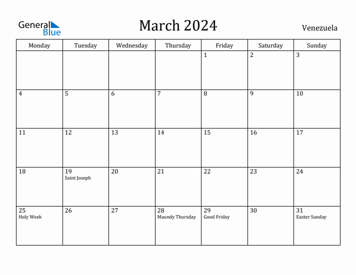 March 2024 Calendar Venezuela