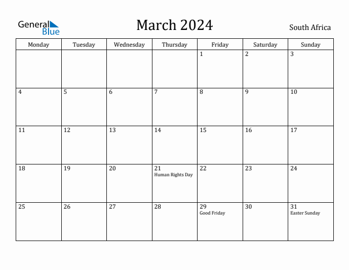 March 2024 Calendar South Africa