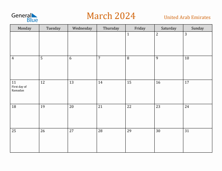 March 2024 Holiday Calendar with Monday Start