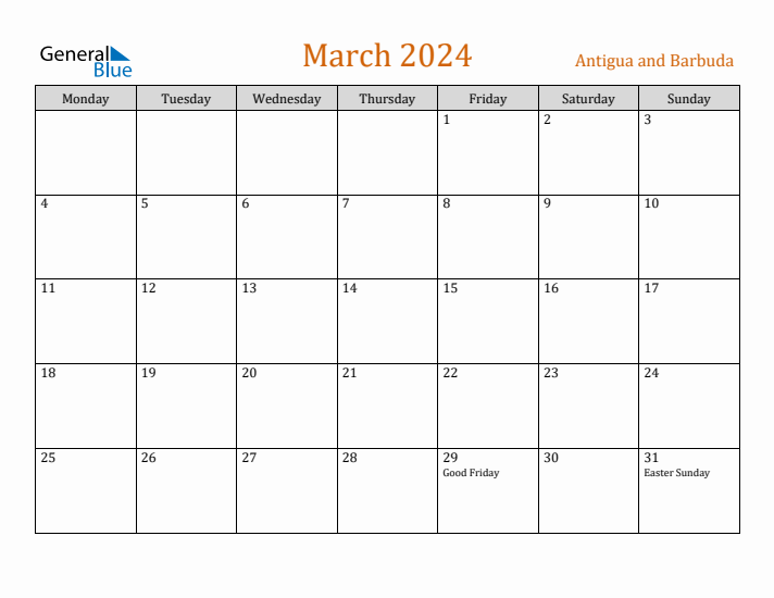 March 2024 Holiday Calendar with Monday Start