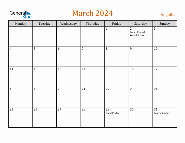 March 2024 Holiday Calendar with Monday Start