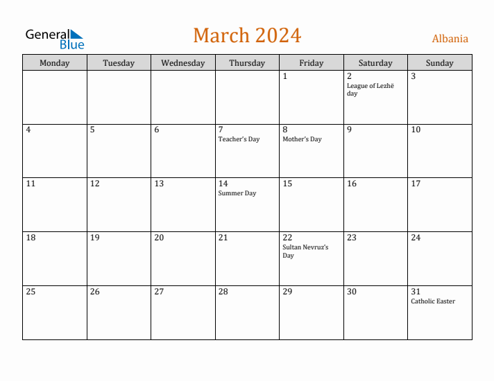 March 2024 Holiday Calendar with Monday Start