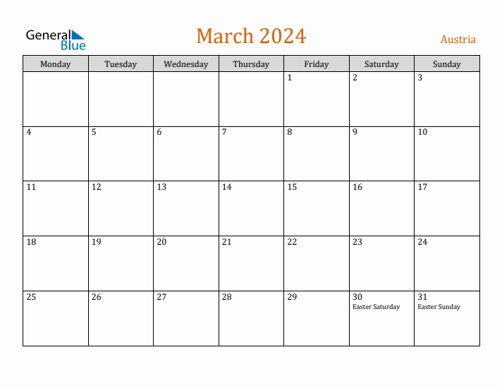 March 2024 Holiday Calendar with Monday Start