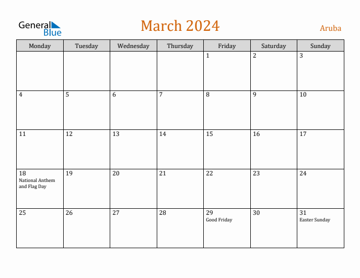 March 2024 Holiday Calendar with Monday Start