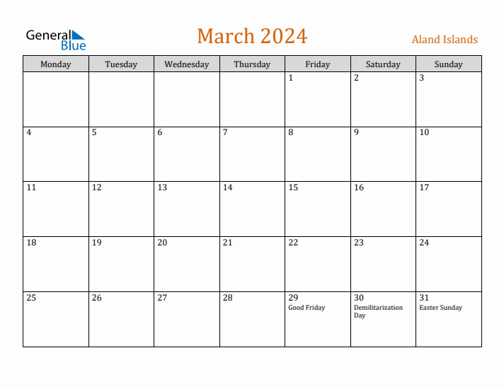 March 2024 Holiday Calendar with Monday Start