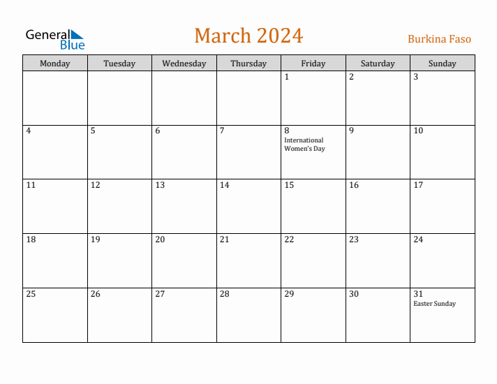 March 2024 Holiday Calendar with Monday Start