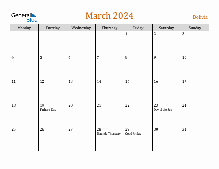 March 2024 Holiday Calendar with Monday Start