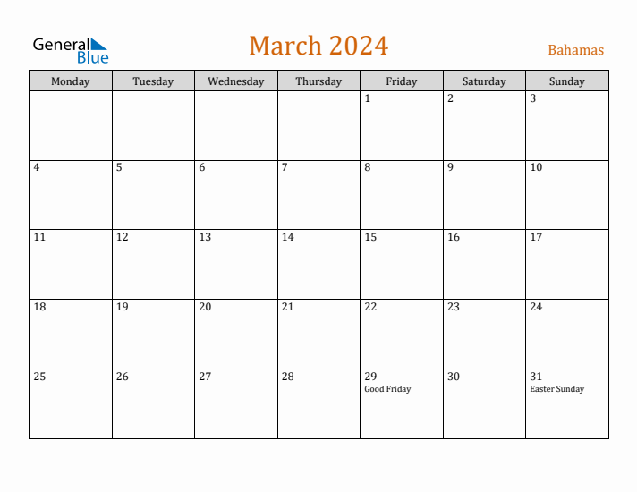 March 2024 Holiday Calendar with Monday Start