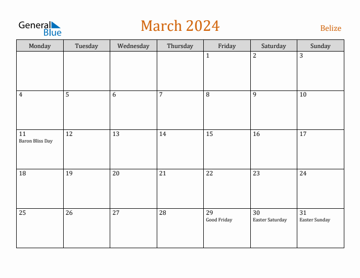 March 2024 Holiday Calendar with Monday Start