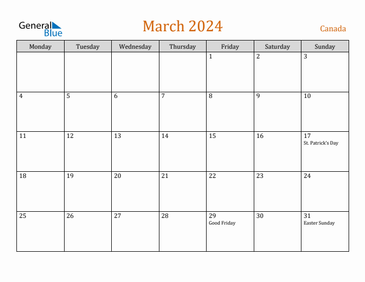 March 2024 Holiday Calendar with Monday Start