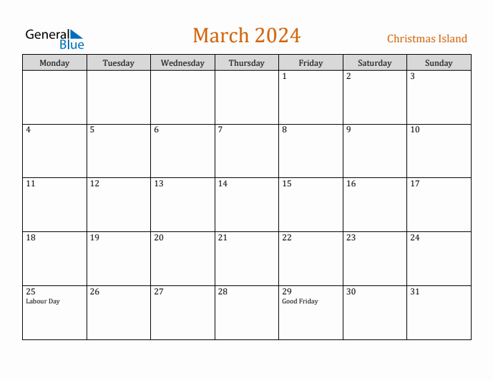 March 2024 Holiday Calendar with Monday Start