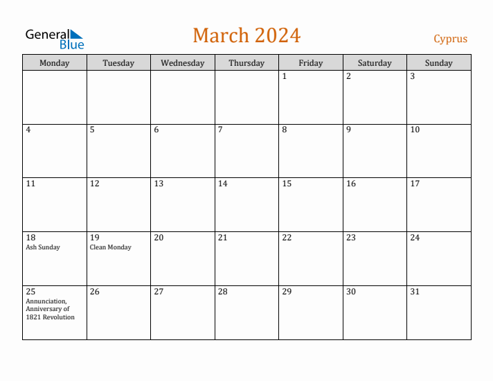 March 2024 Holiday Calendar with Monday Start