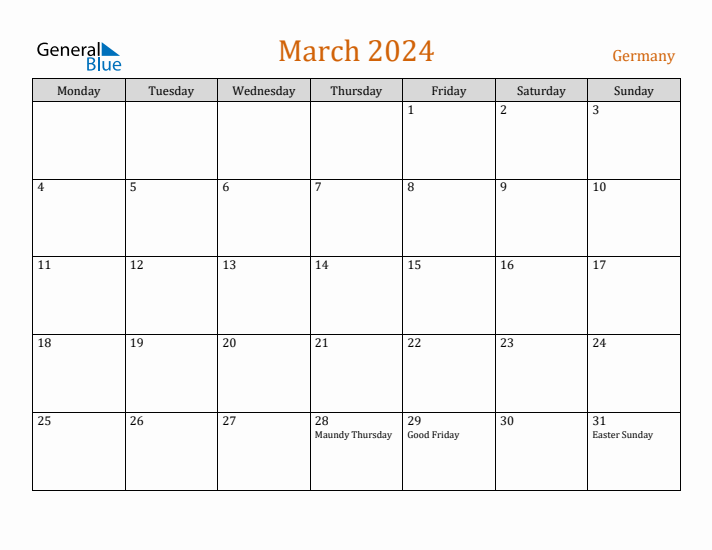 March 2024 Holiday Calendar with Monday Start