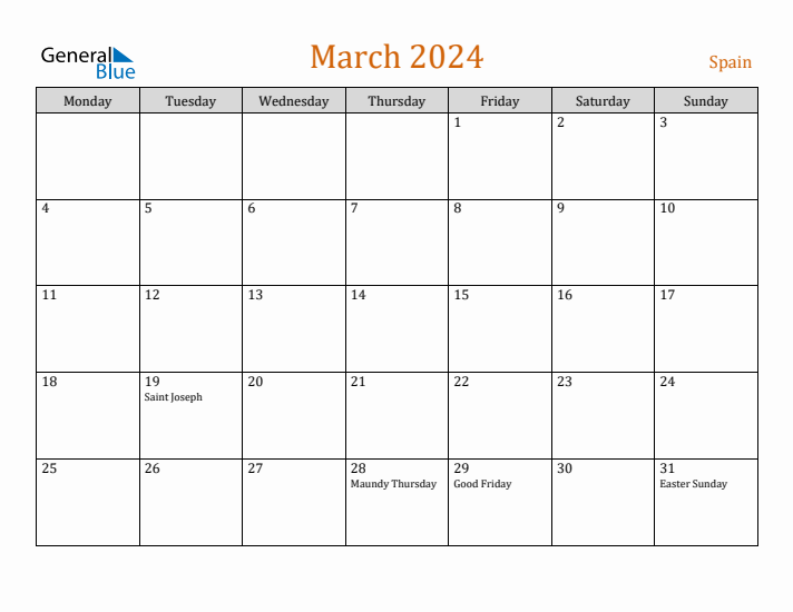 March 2024 Holiday Calendar with Monday Start