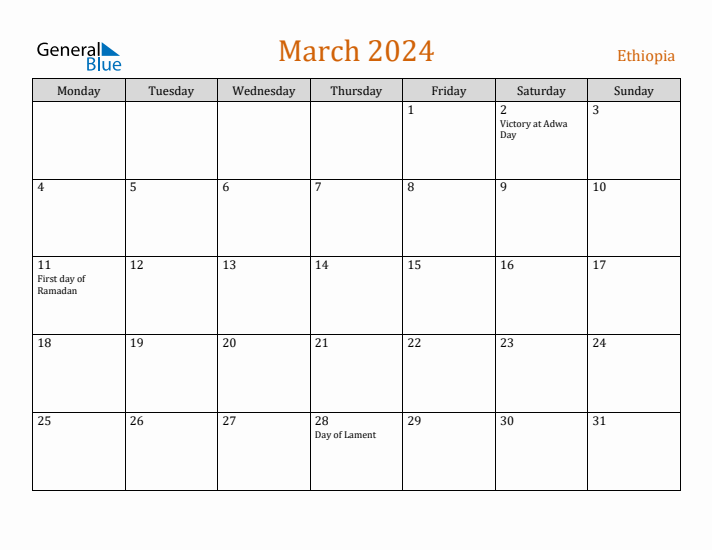 March 2024 Holiday Calendar with Monday Start