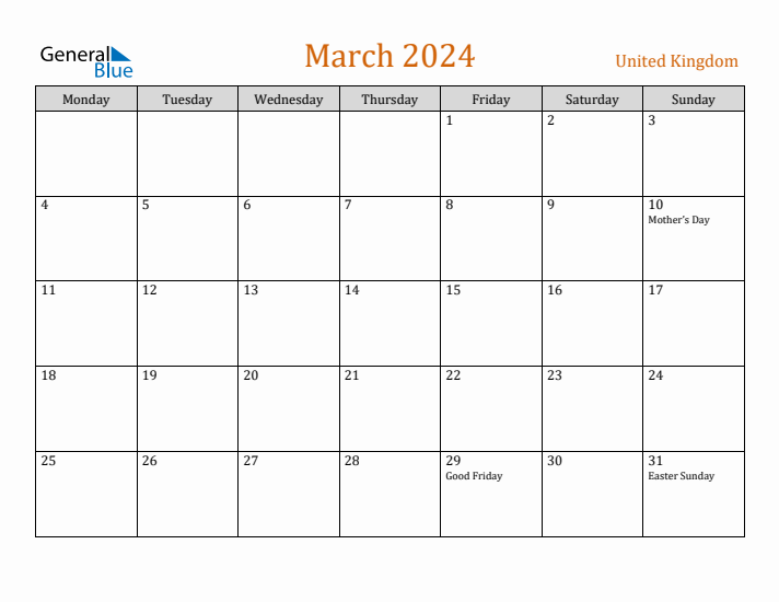 March 2024 Holiday Calendar with Monday Start