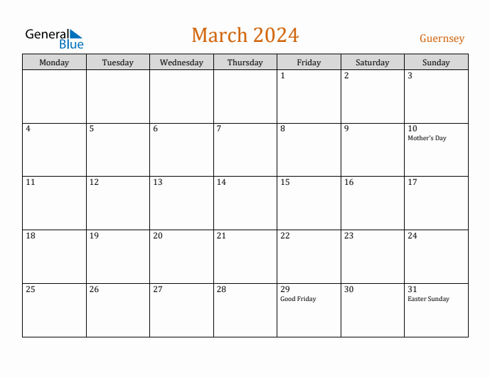 March 2024 Holiday Calendar with Monday Start